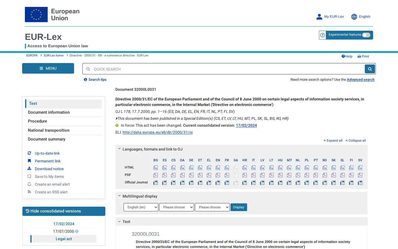 Impressum requirements Germany: the EU e-commerce directive on EUR-Lex, whose article 5 is the source of the German Impressum duty