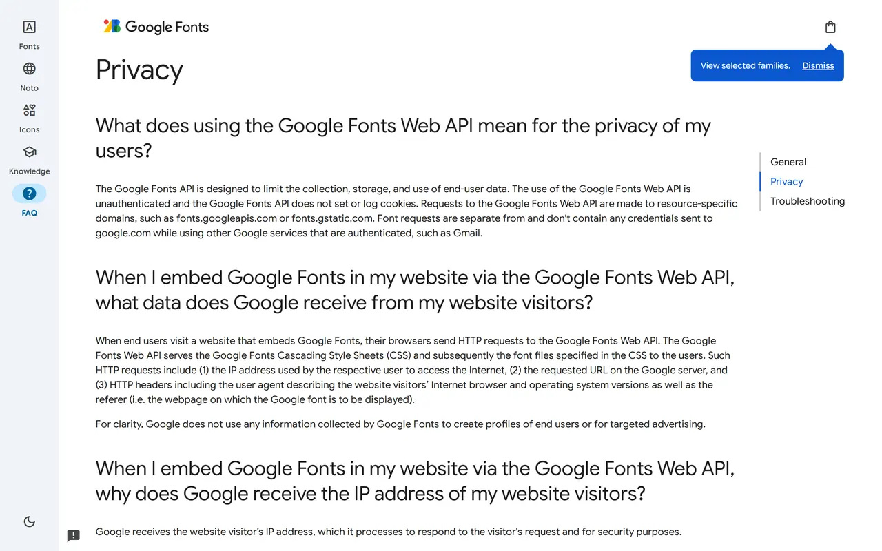 Are Google Fonts GDPR compliant: Google's own privacy page for the Google Fonts Web API, explaining which visitor data reaches Google