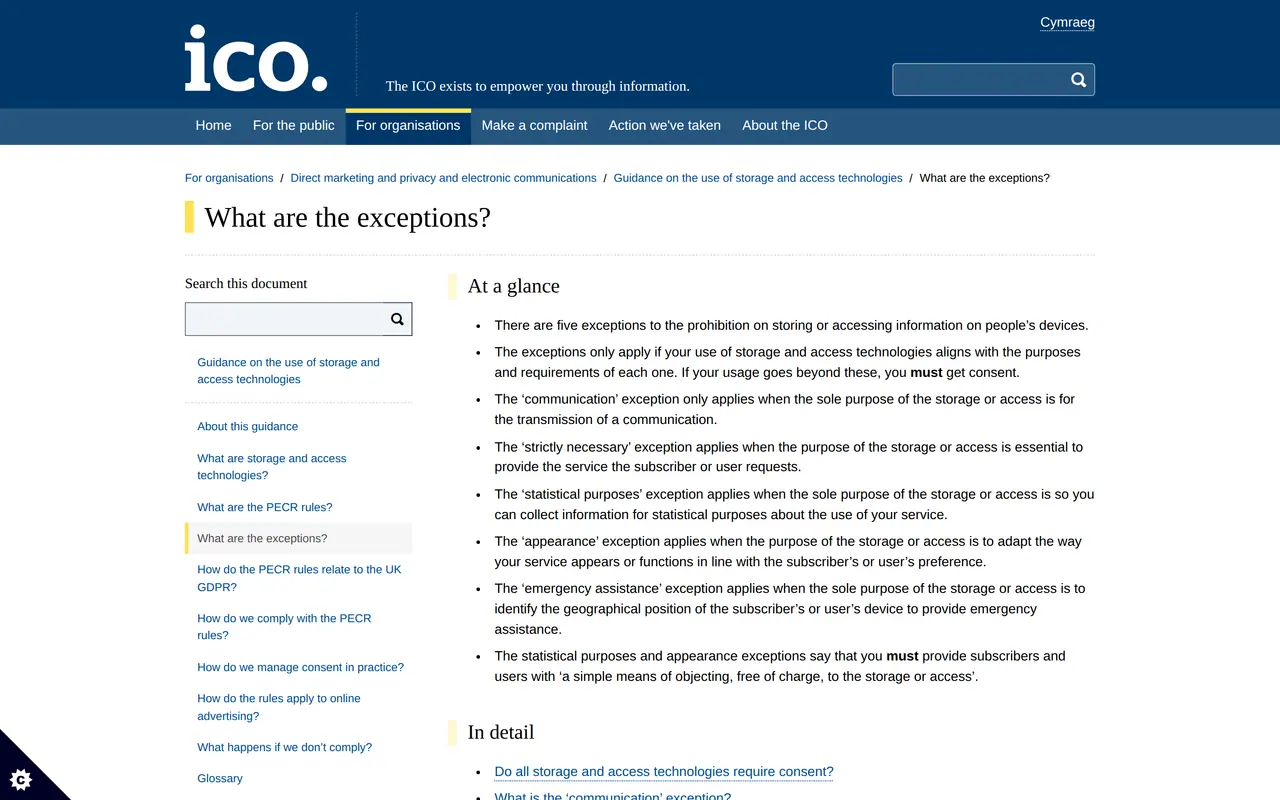 UK cookie law: the ICO guidance page listing the five exceptions to consent for storage and access technologies
