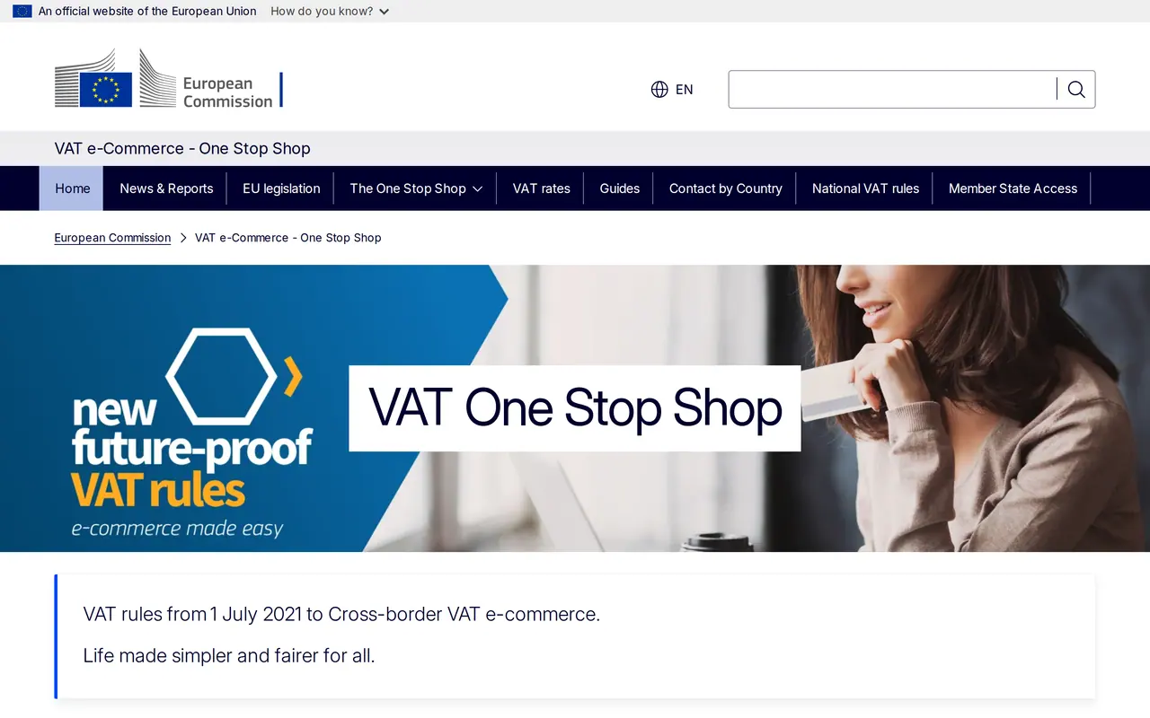 Selling to the EU from the UK: the European Commission's VAT One Stop Shop site, where the Import One-Stop Shop for parcels up to 150 euros is explained