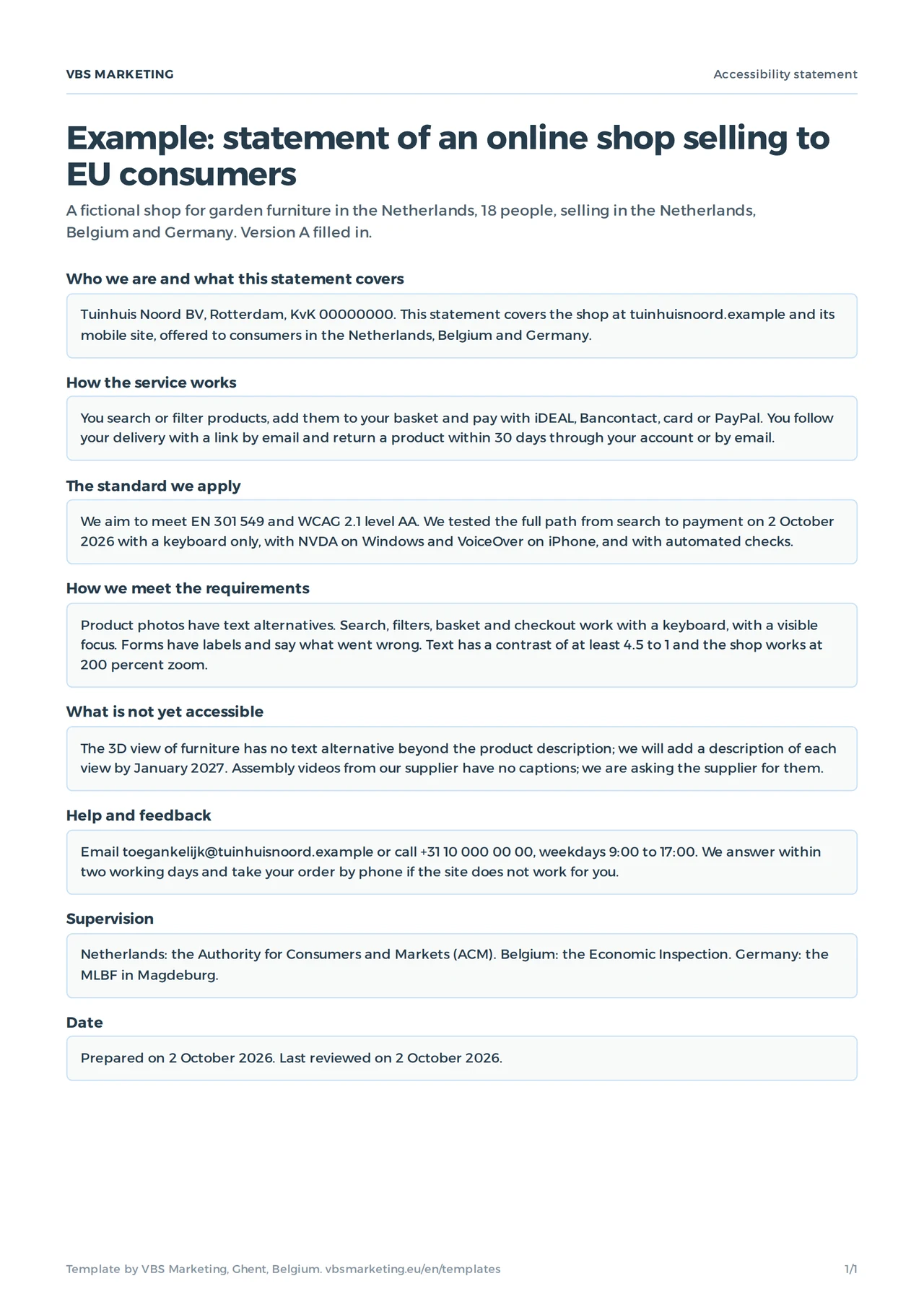 Accessibility statement template filled in: the statement of a fictional garden furniture shop selling in the Netherlands, Belgium and Germany, part by part