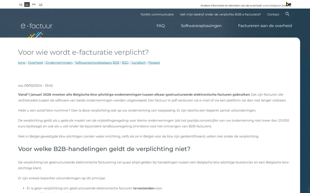 Peppol van Nederland naar België: de pagina van de Belgische overheid die zegt dat niet in België gevestigde bedrijven zonder vaste inrichting niet onder de e-facturatieplicht vallen