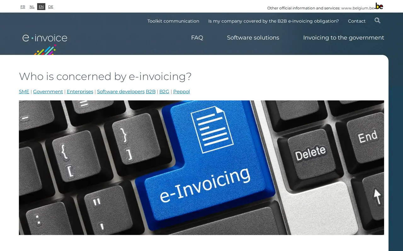 Peppol invoice to Belgium: the English page of the Belgian government e-invoice site, Who is concerned by e-invoicing?