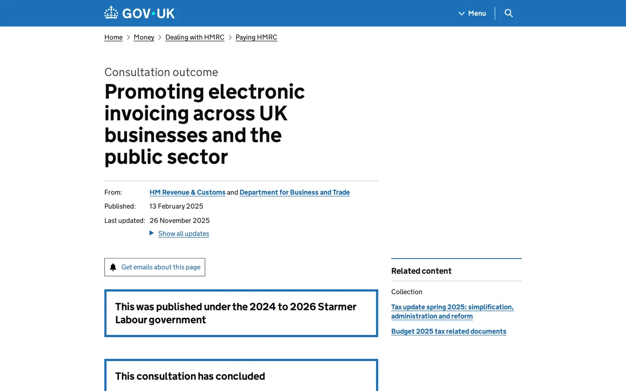 E-invoicing UK 2029: the GOV.UK consultation outcome on promoting electronic invoicing across UK businesses and the public sector, last updated 26 November 2025