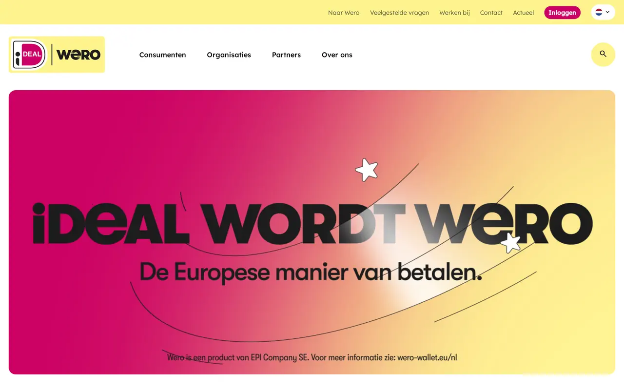 iDEAL Wero: de homepage van iDEAL met de boodschap iDEAL wordt Wero, de Europese manier van betalen