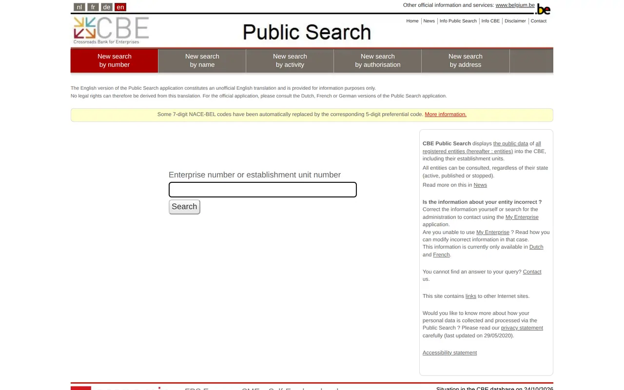 Selling in Belgium: the English search page of the Crossroads Bank for Enterprises, the Belgian register where you look up an enterprise number