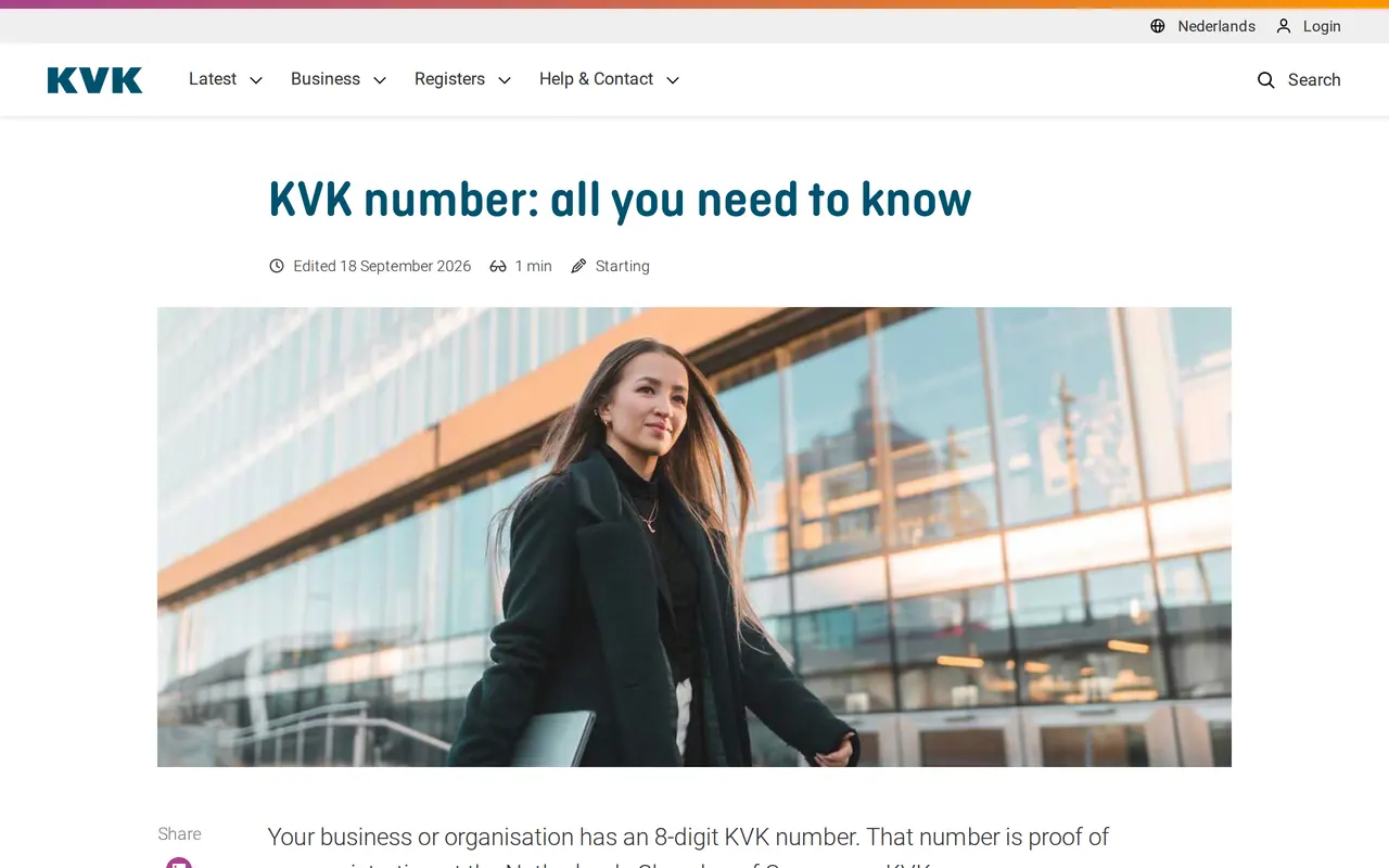KVK number on your website: the English page of KVK, the Netherlands Chamber of Commerce, explaining the eight-digit KVK number that proves your business is registered