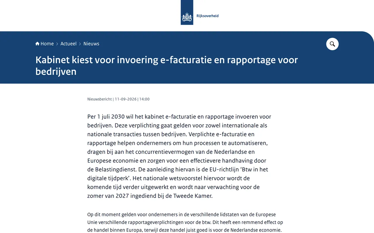 E-facturatie verplicht in Nederland: het nieuwsbericht van de Rijksoverheid van 11 september 2026 over e-facturatie en rapportage voor bedrijven per 1 juli 2030