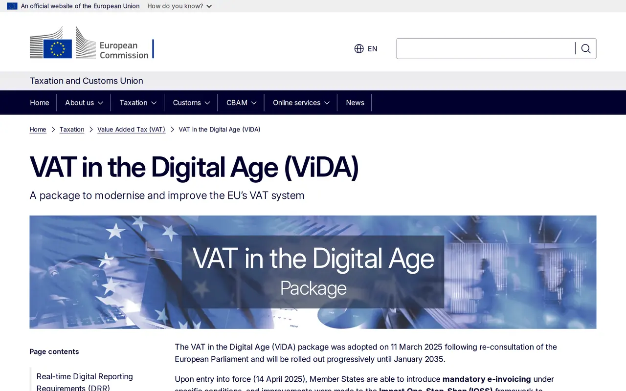 E-invoicing in Europe: the European Commission page on VAT in the Digital Age (ViDA), adopted on 11 March 2025 and rolled out until January 2035