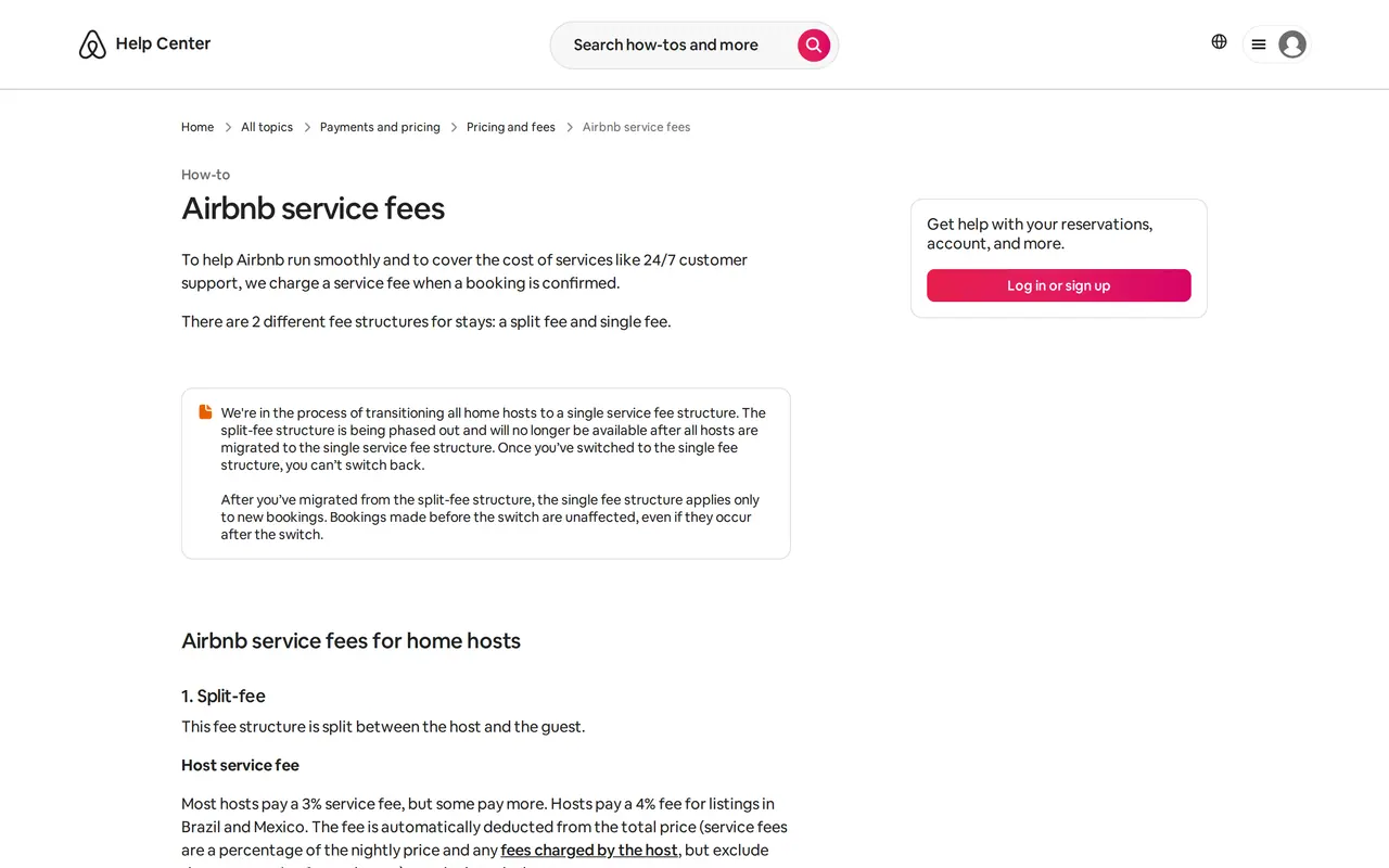 The Airbnb Help Center article on service fees, with the split-fee and single-fee structures for hosts