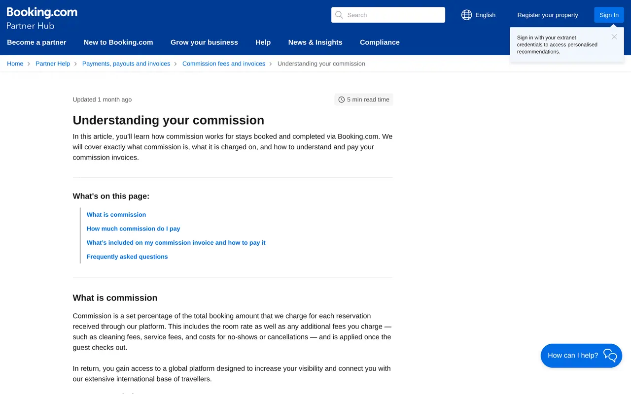 The Booking.com Partner Hub article Understanding your commission