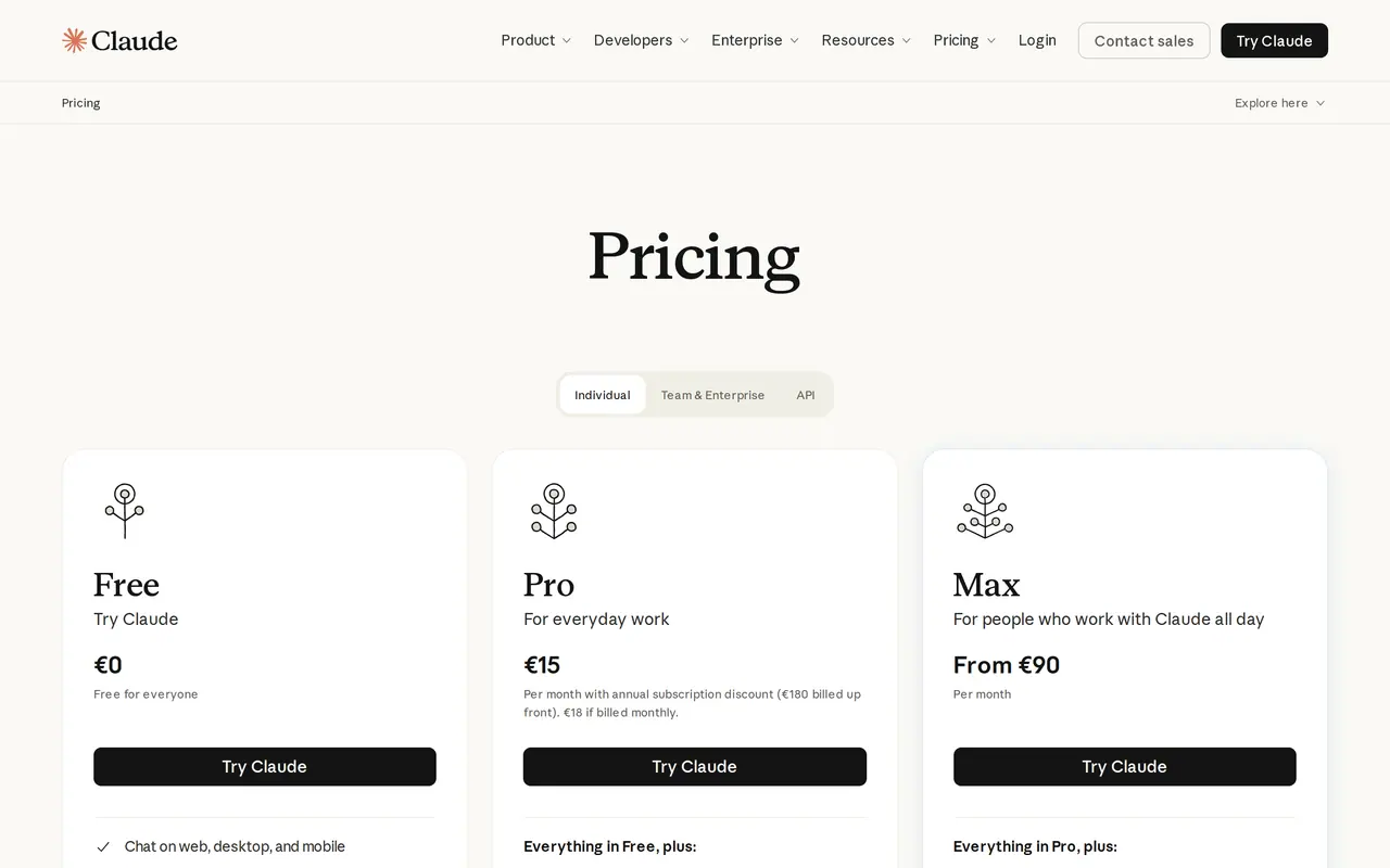 Claude pricing plans: the Claude pricing page with Free, Pro and Max for individuals