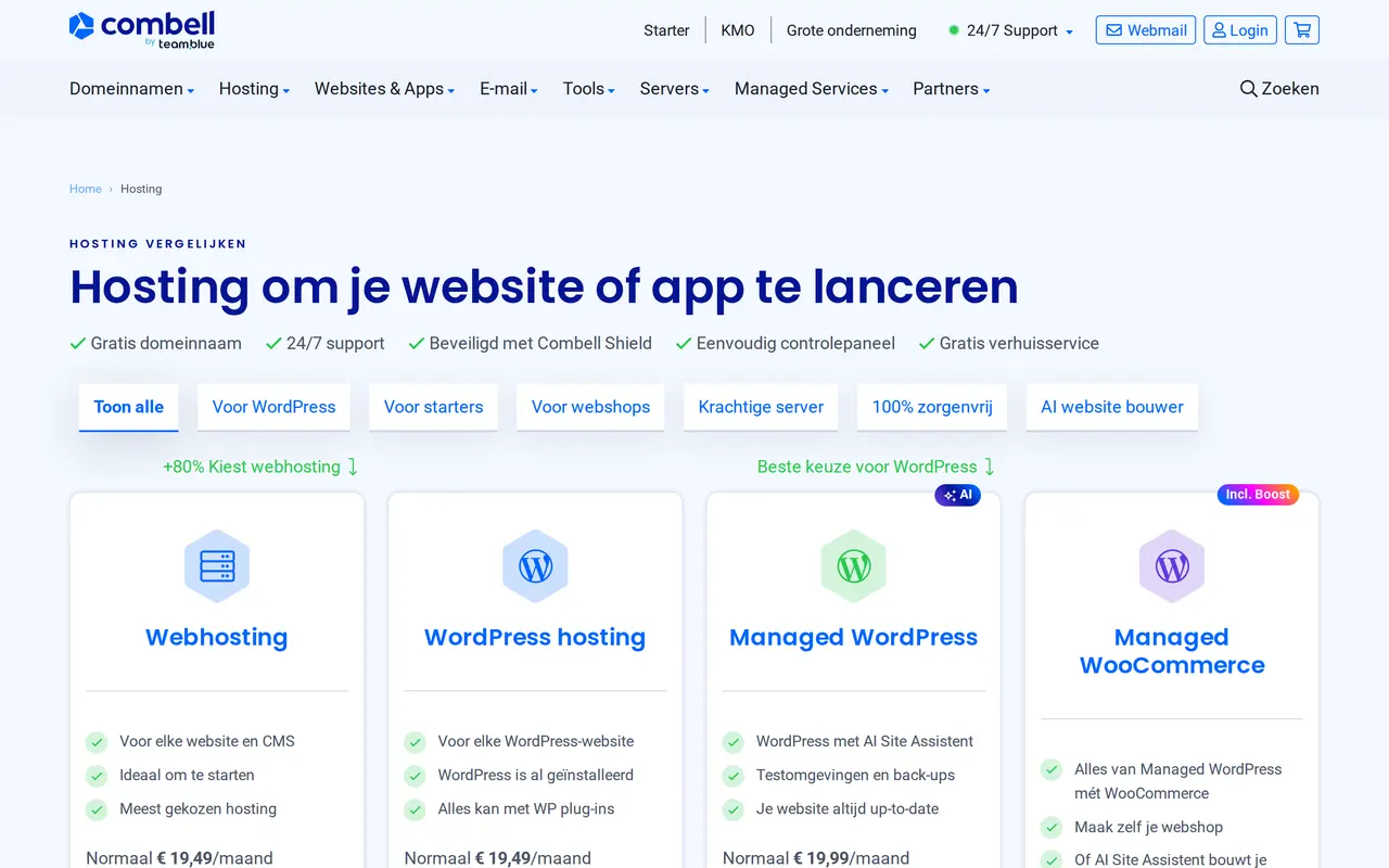 Wat kost website hosting per maand: de hostingpagina van Combell met webhosting en WordPress-hosting aan normaal 19,49 en nu 5,99 euro per maand
