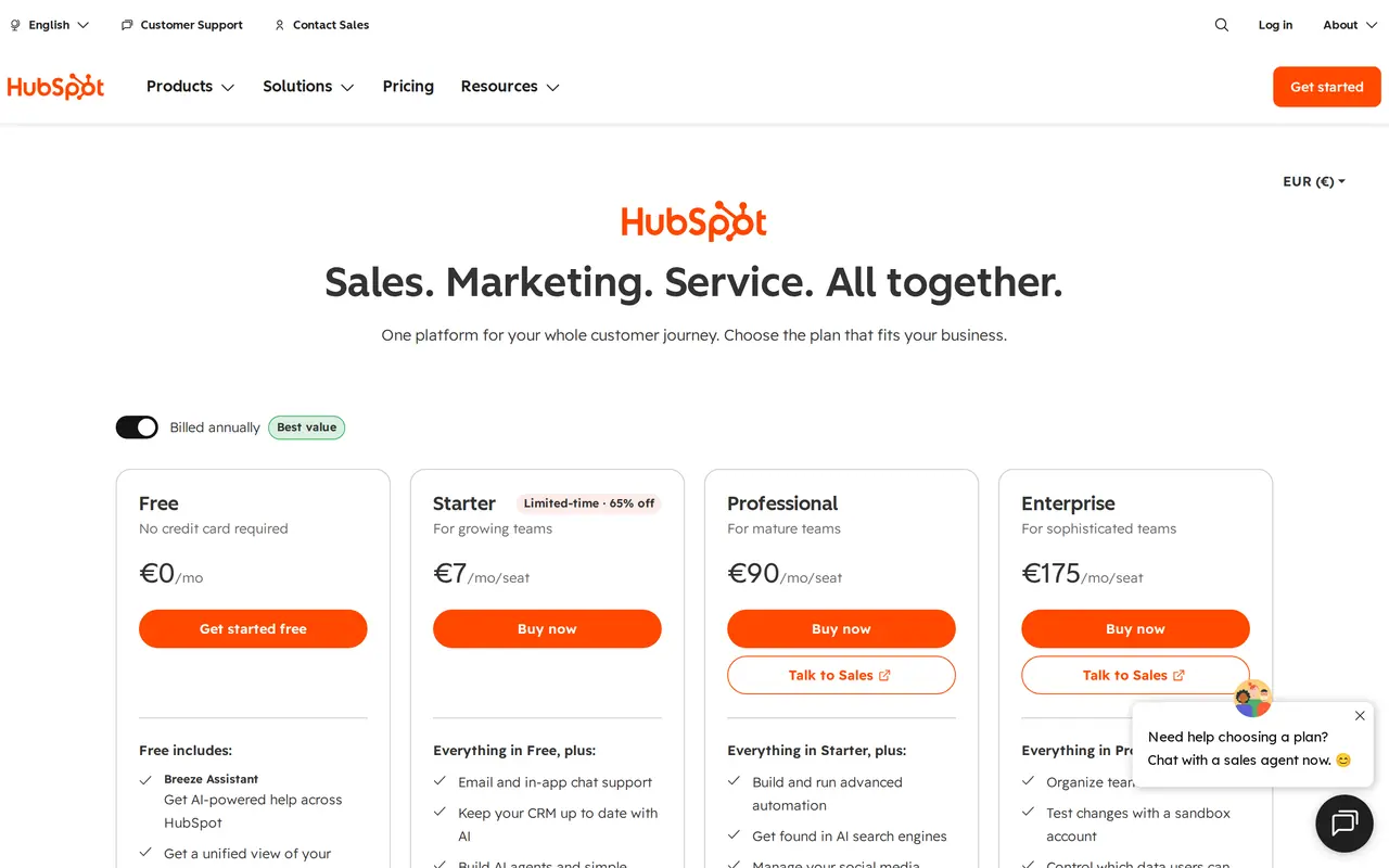 HubSpot pricing plans: the HubSpot pricing page in euro with Free, Starter at 7 on offer, Professional at 90 and Enterprise at 175 per seat per month
