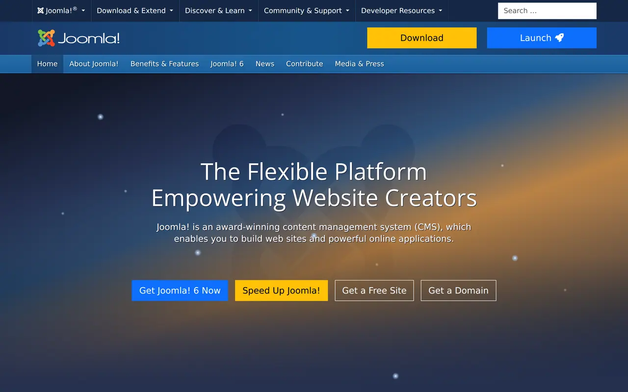 The Joomla homepage, The Flexible Platform Empowering Website Creators, with Joomla 6 to download