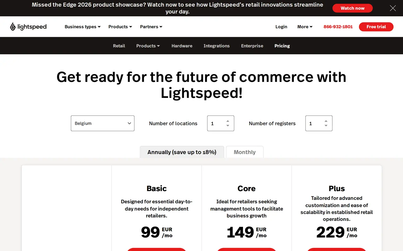 Lightspeed pricing: the English pricing page of Lightspeed Retail with Belgium selected, Basic 99, Core 149 and Plus 229 euros per month on an annual plan