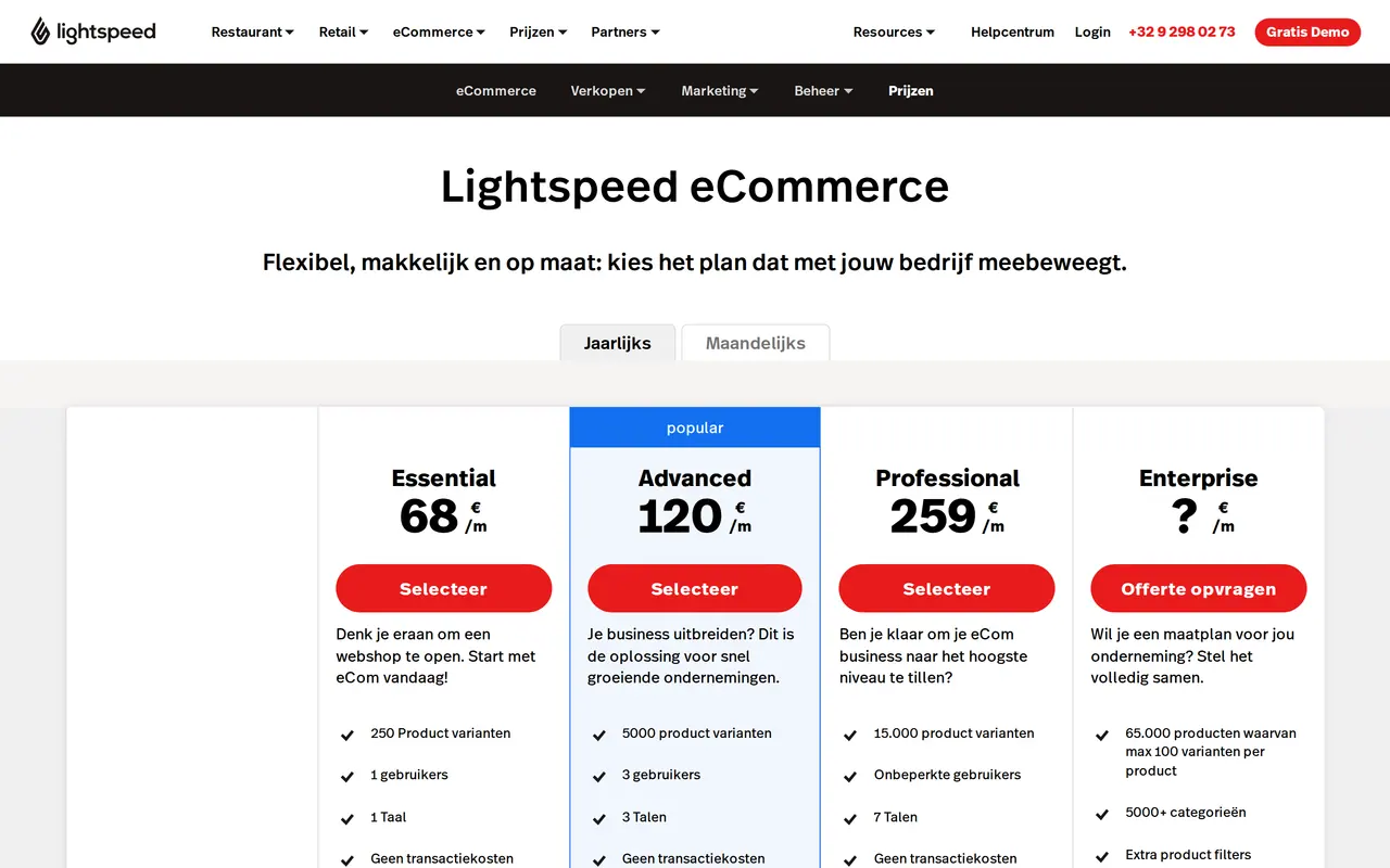 Lightspeed kosten: de Belgische prijspagina van Lightspeed eCommerce met Essential 68, Advanced 120, Professional 259 en Enterprise op offerte, per maand bij jaarbetaling