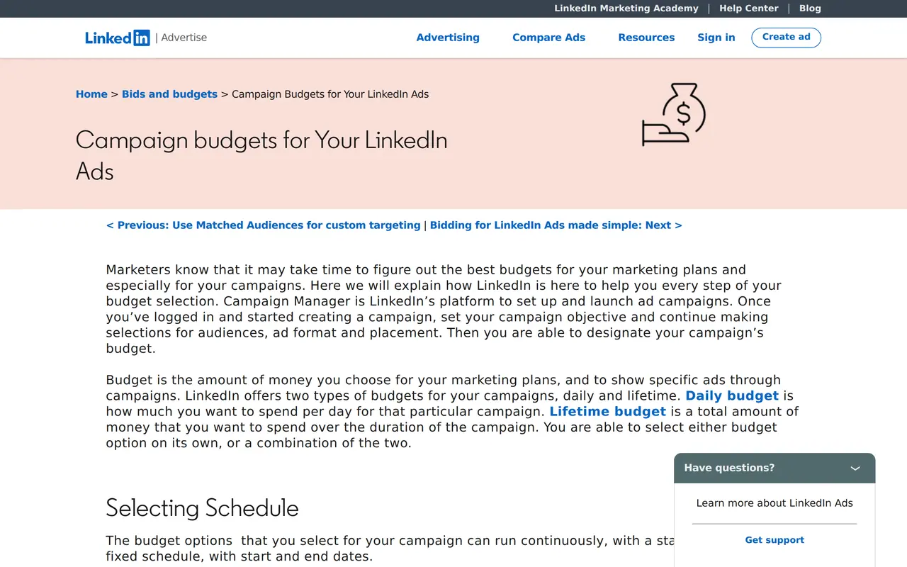 LinkedIn ads cost: the LinkedIn Marketing Solutions page Campaign budgets for Your LinkedIn Ads, explaining daily and lifetime budgets