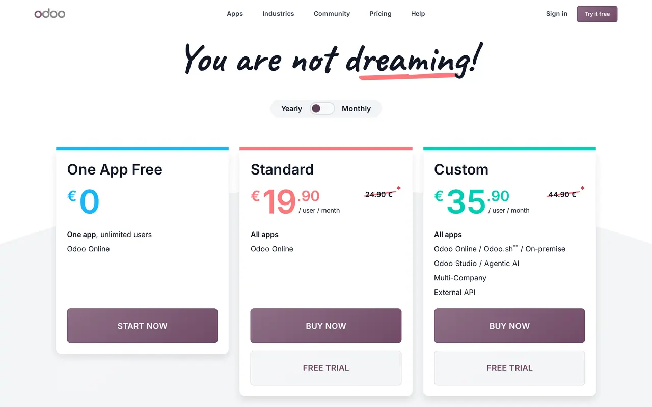 ERP cost per month: the Odoo pricing page with One App Free, Standard at 19.90 and Custom at 35.90 euro per user per month