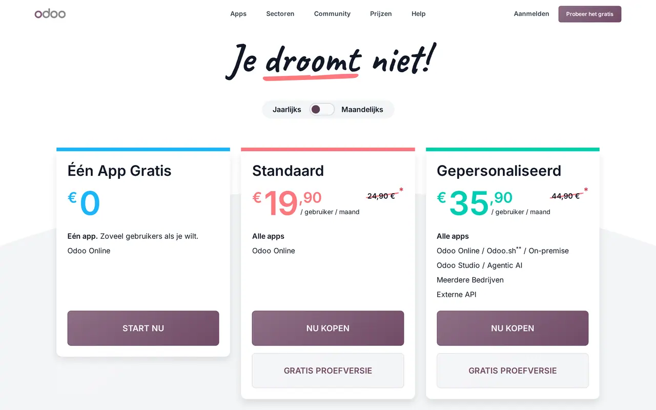 Hoeveel kost een ERP systeem: de Belgische prijspagina van Odoo met Eén App Gratis, Standaard aan 19,90 en Gepersonaliseerd aan 35,90 euro per gebruiker per maand