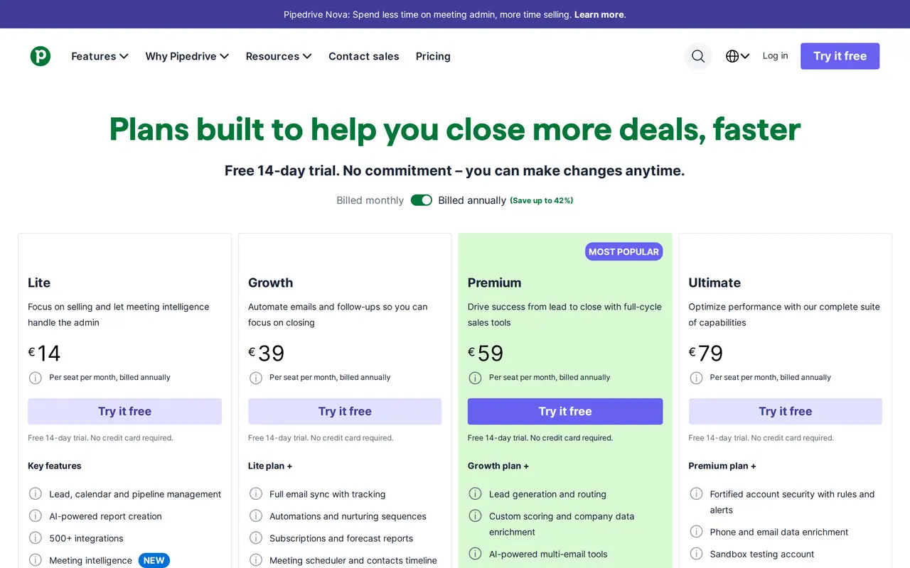 HubSpot alternatives: the Pipedrive pricing page with Lite 14, Growth 39, Premium 59 and Ultimate 79 euro per seat per month billed annually