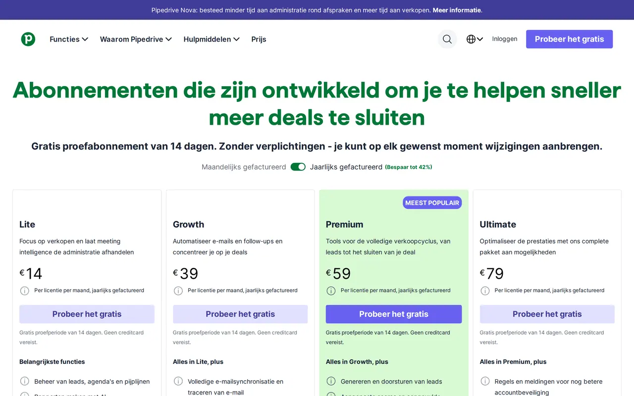 HubSpot alternatief: de Nederlandstalige prijspagina van Pipedrive met Lite 14, Growth 39, Premium 59 en Ultimate 79 euro per licentie per maand