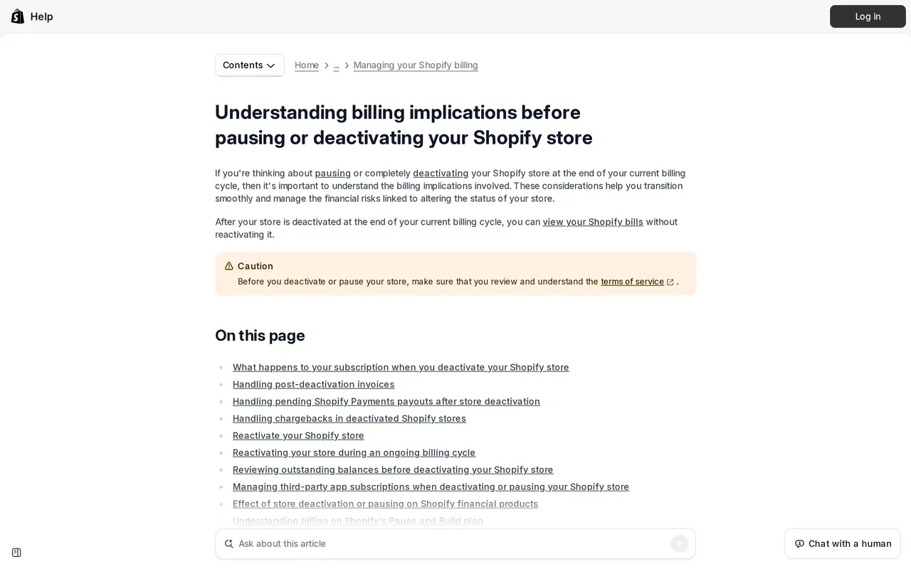 Cancel Shopify subscription: the Shopify Help Center article on billing implications before pausing or deactivating your Shopify store
