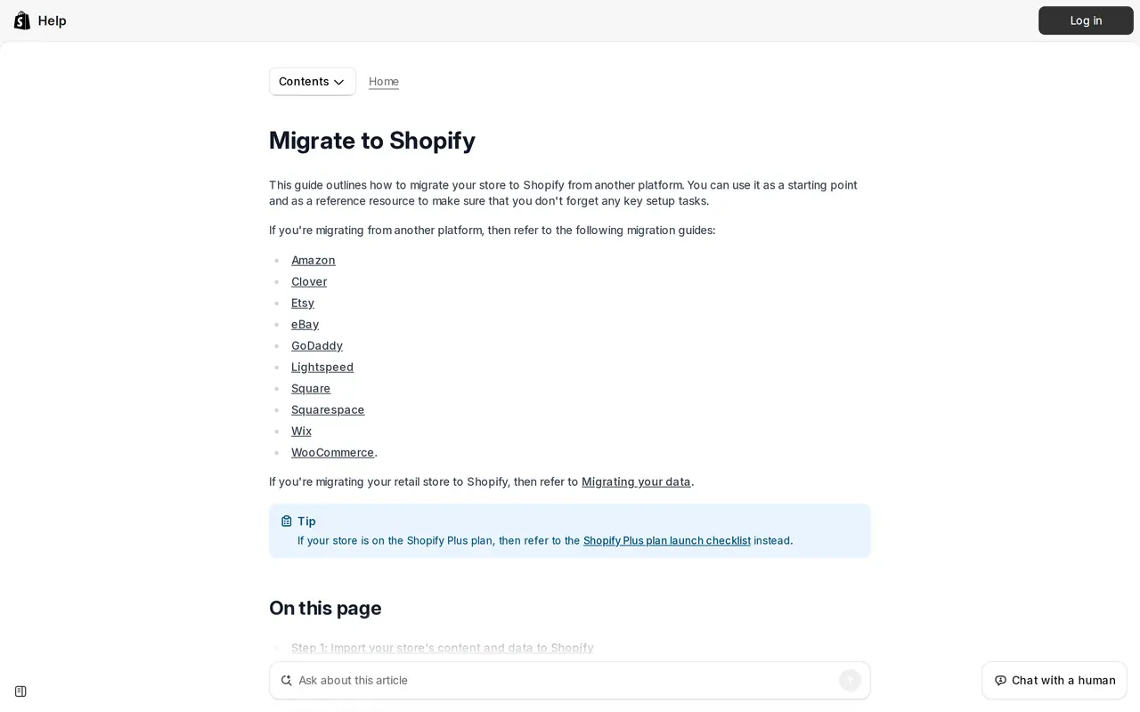 Shopify migration: the Shopify Help Center page Migrate to Shopify, with migration guides for Lightspeed, Wix, WooCommerce and other platforms