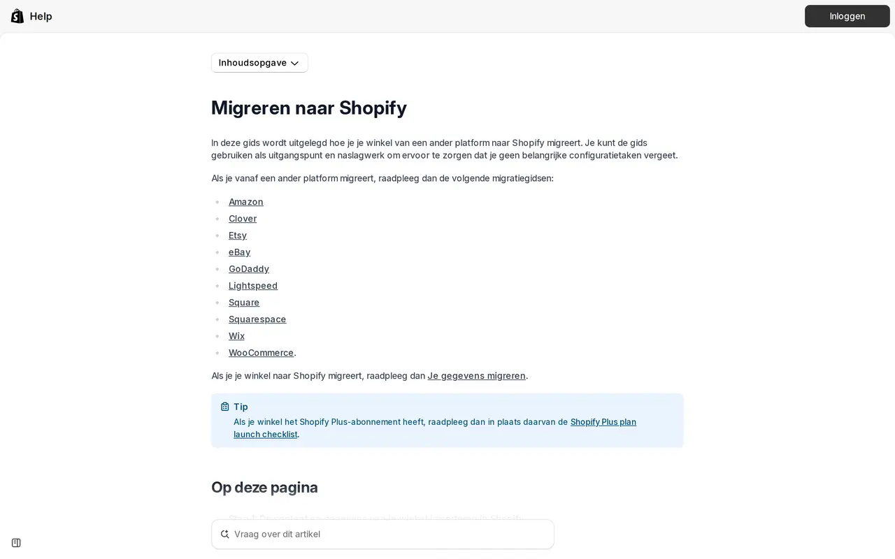 Overstappen naar Shopify: de Nederlandstalige Shopify-helppagina 'Migreren naar Shopify' met migratiegidsen voor onder meer Lightspeed, Wix en WooCommerce