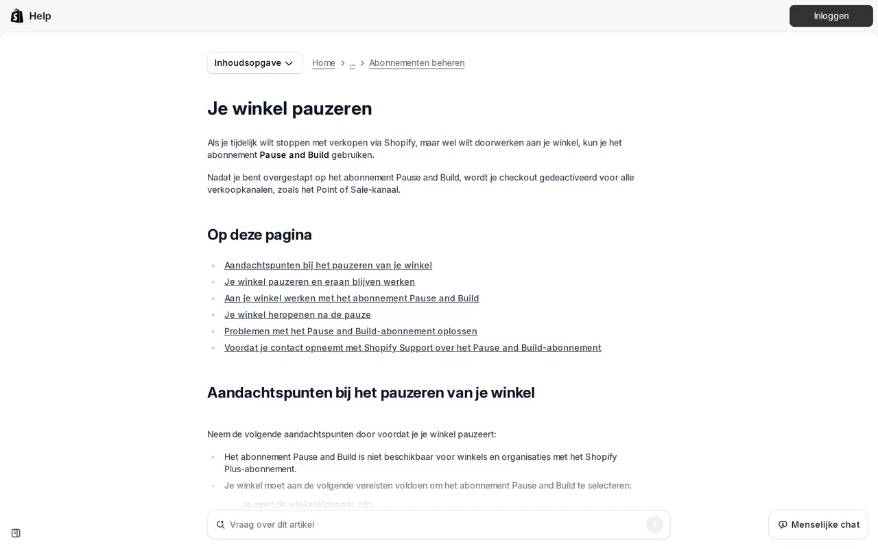 Shopify opzeggen: de Nederlandstalige Shopify-helppagina 'Je winkel pauzeren' over het abonnement Pause and Build
