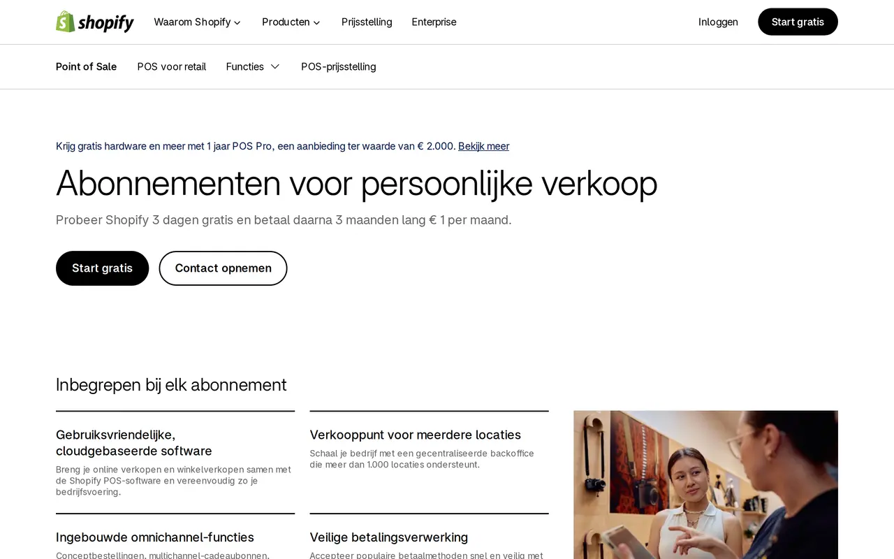 Van Lightspeed naar Shopify: de Belgische prijspagina van Shopify POS, 'Abonnementen voor persoonlijke verkoop', met de proefperiode van 3 dagen