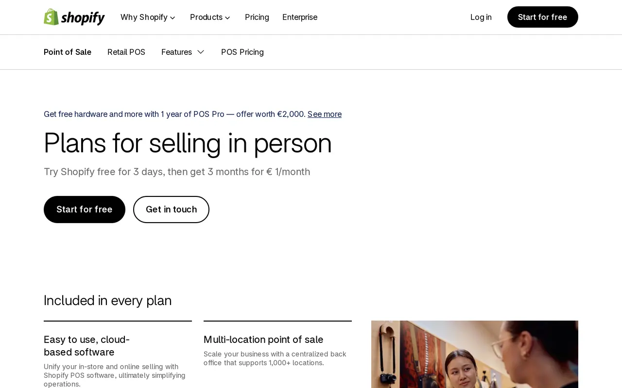 Switching from Lightspeed to Shopify: the Shopify POS pricing page for Belgium in English, Plans for selling in person, with the 3-day free trial