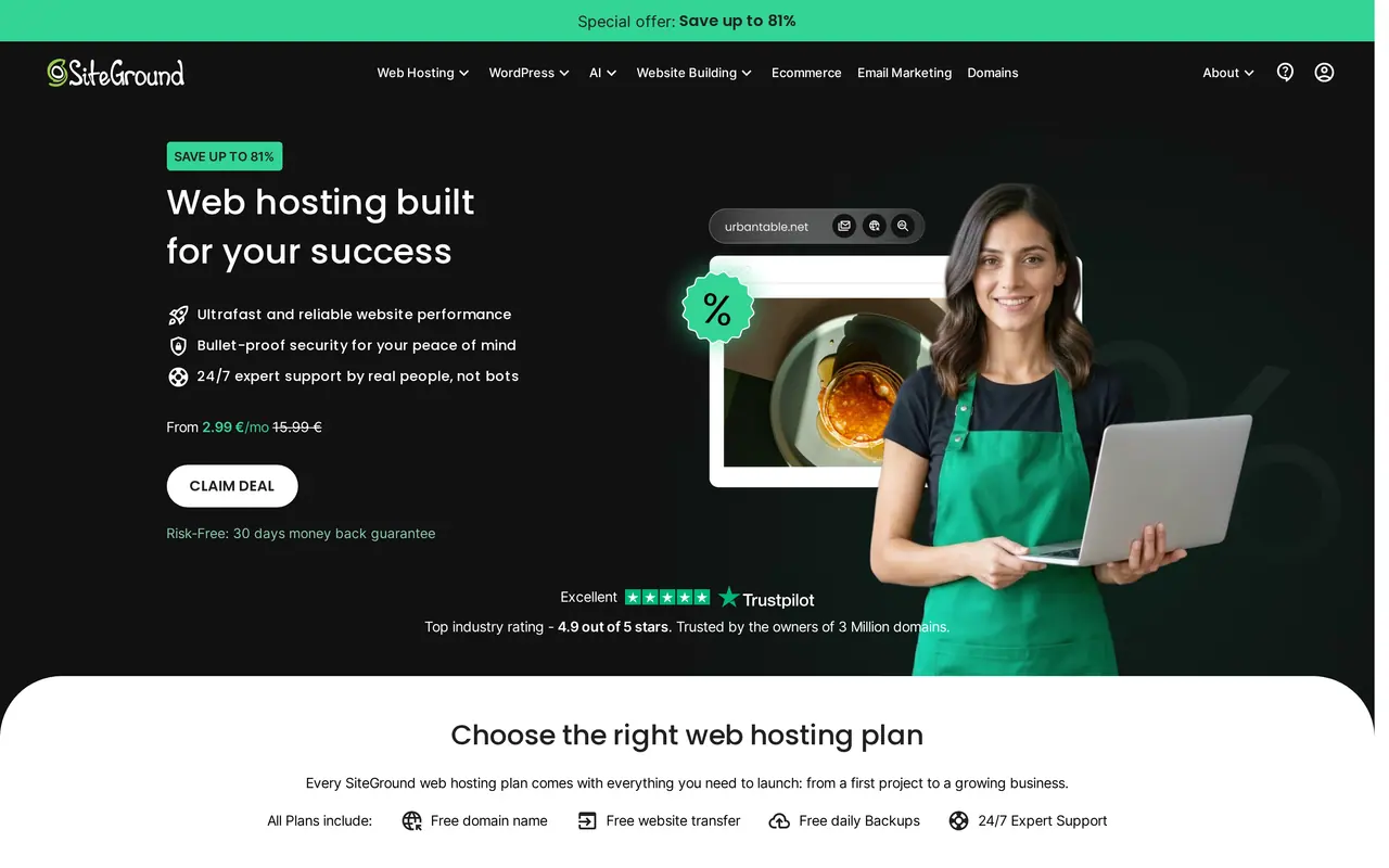 Website hosting cost: the SiteGround web hosting page with plans from 2.99 euro a month, renewing at 15.99 euro