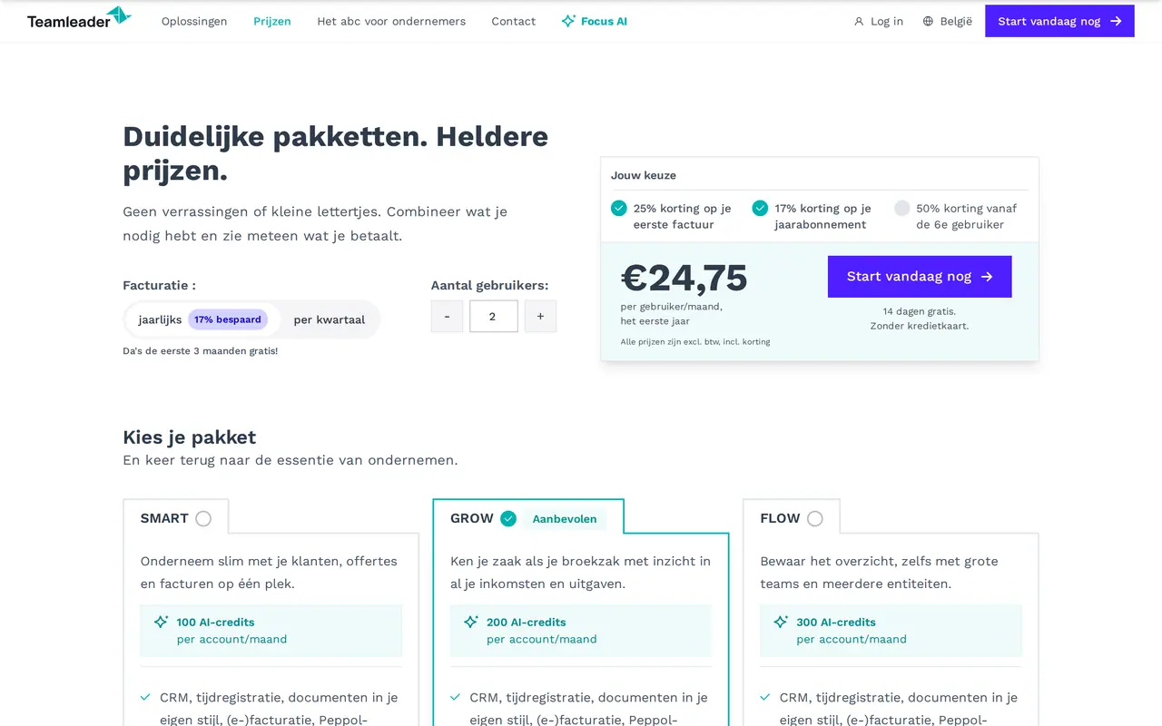 Hoeveel kost een CRM systeem: de Belgische prijspagina van Teamleader met de pakketten SMART, GROW en FLOW en de korting vanaf de zesde gebruiker