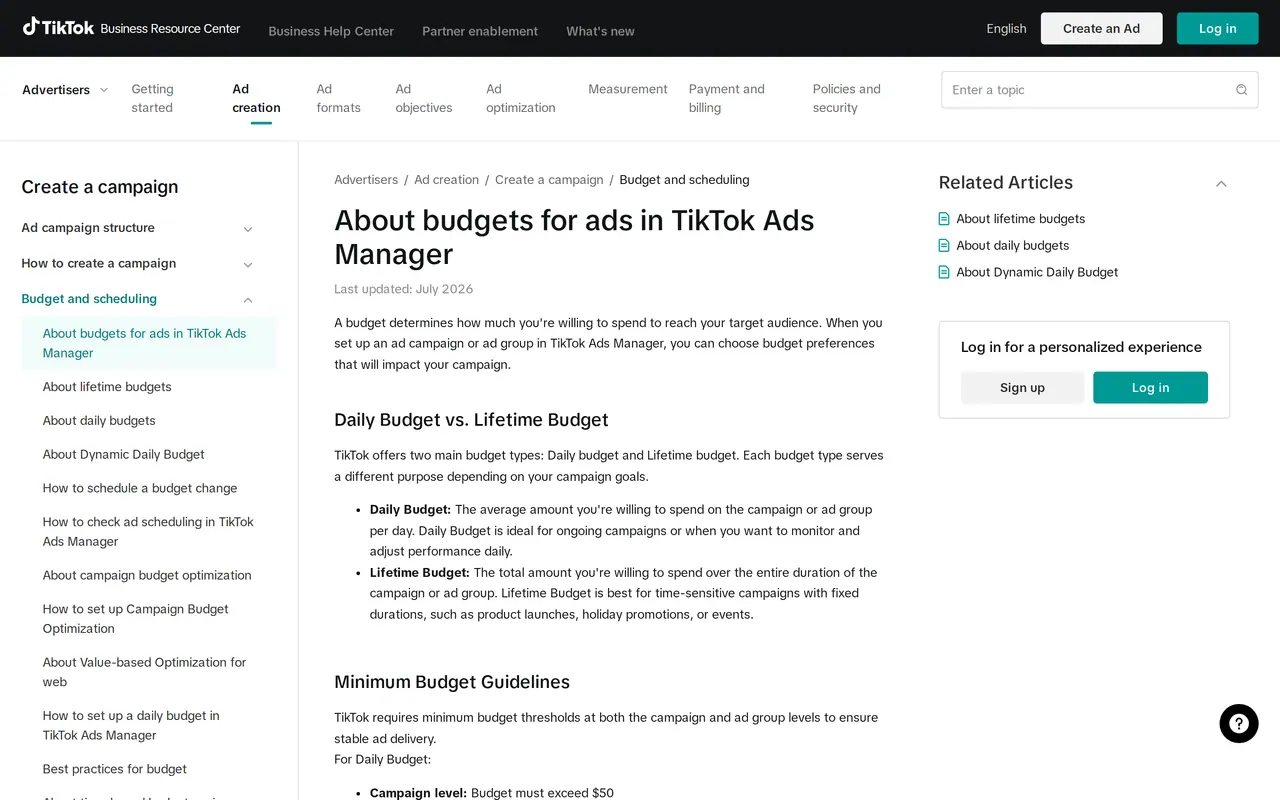 TikTok ads cost: the help page About budgets for ads in TikTok Ads Manager, with the minimum budgets per campaign and per ad group