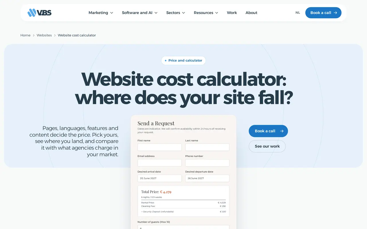 Pay monthly website packages: the VBS website cost calculator, where you pick pages, languages and features to see a one-off price