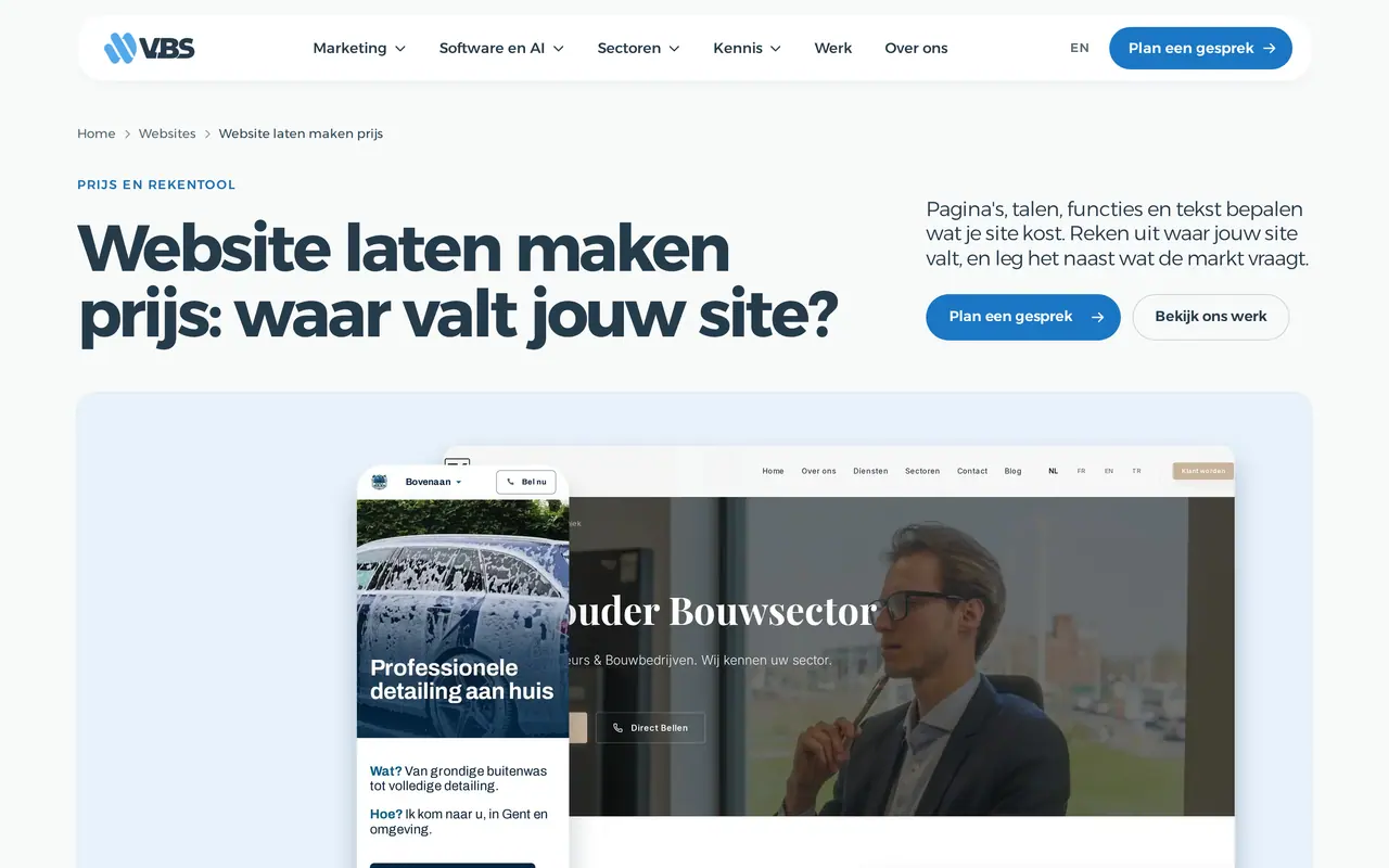Website laten maken abonnement: de prijsrekentool van VBS, waarin je pagina's, talen en functies kiest en ziet wat een site eenmalig kost