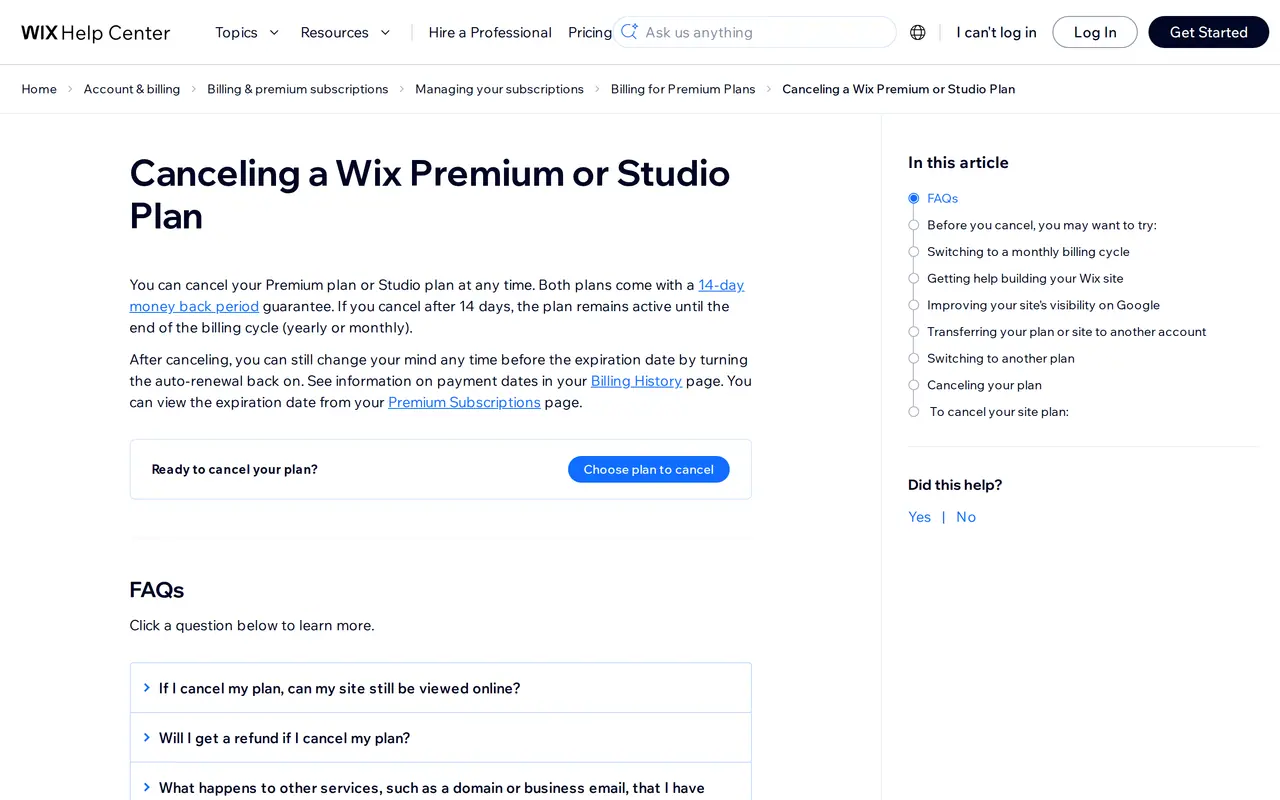 Cancel Wix subscription: the Wix Help Center article Canceling a Wix Premium or Studio Plan with the 14-day money back guarantee