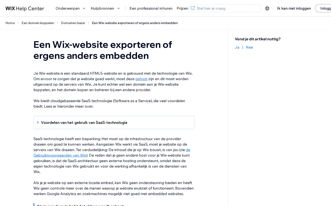 Wix alternatief: het Nederlandstalige Wix-helpartikel 'Een Wix-website exporteren of ergens anders embedden', waarin Wix uitlegt dat een site op hun servers moet blijven