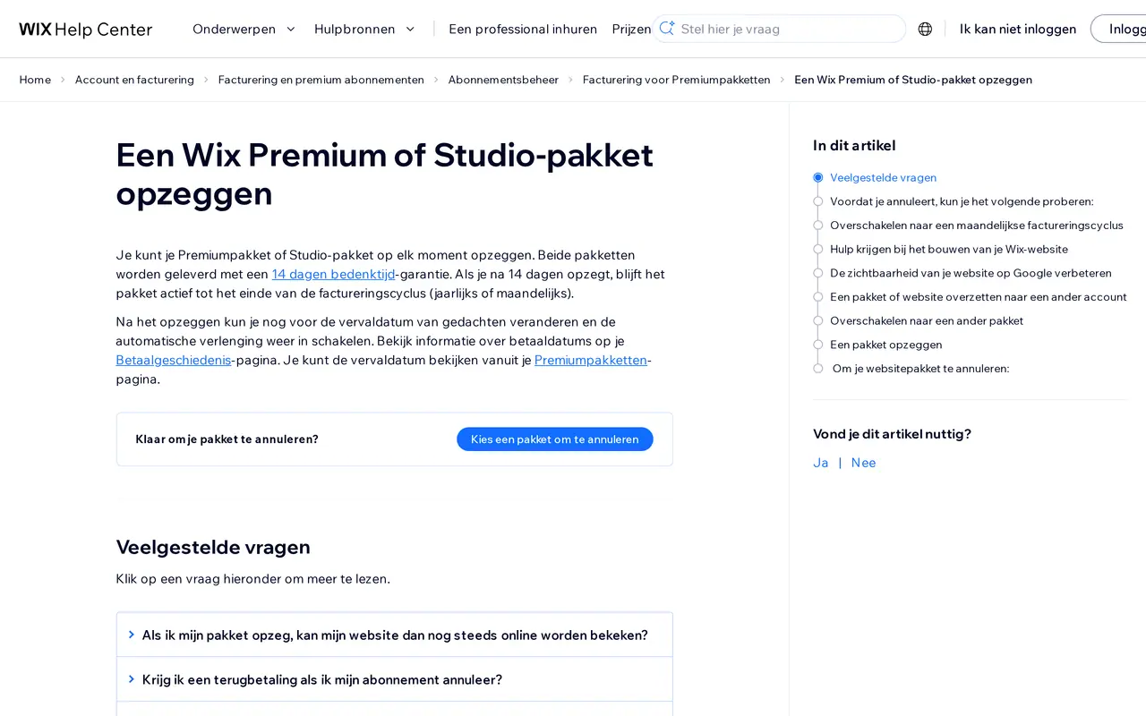 Wix opzeggen: het Nederlandstalige Wix-helpartikel 'Een Wix Premium of Studio-pakket opzeggen' met de 14 dagen bedenktijd