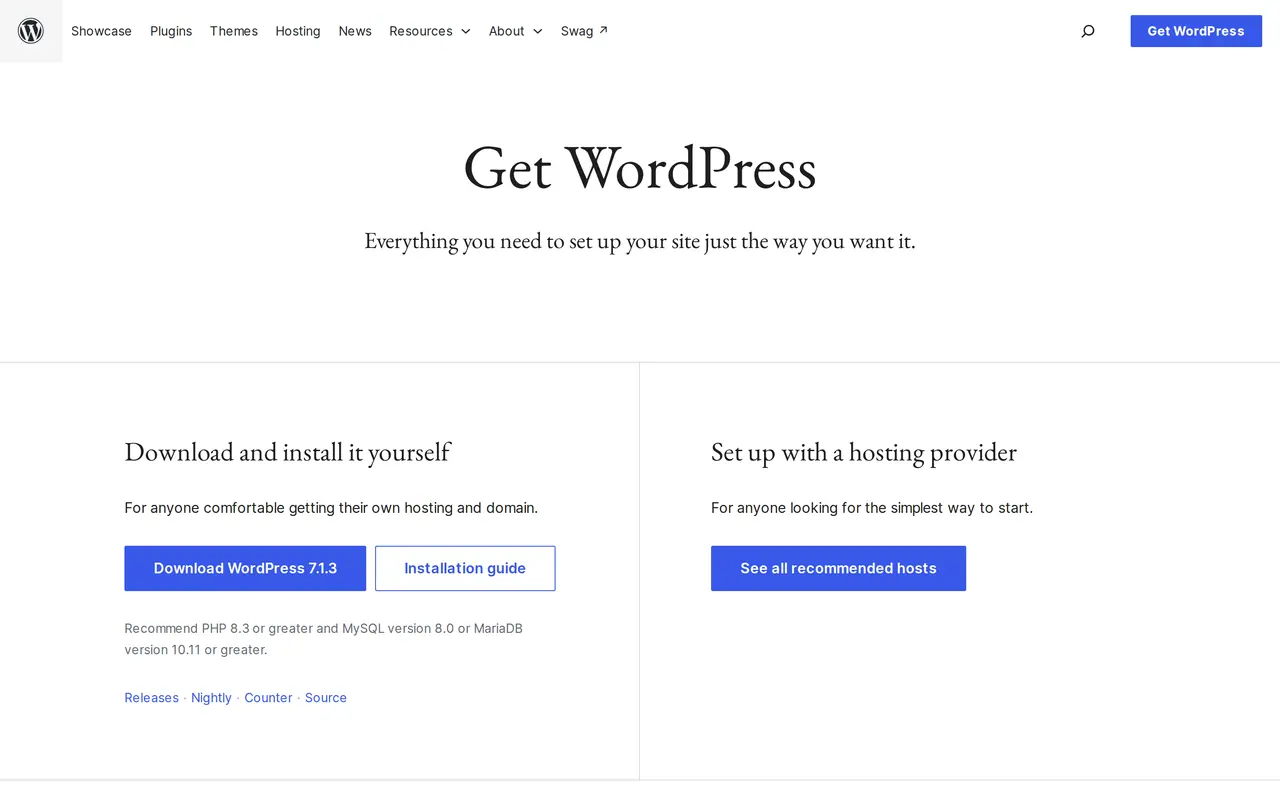 WordPress website cost: the Get WordPress download page on wordpress.org, with the option to install it yourself or through a hosting provider