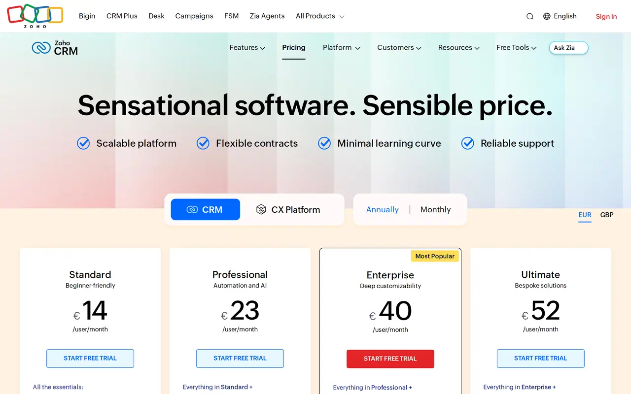 CRM cost per month: the Zoho CRM pricing page in euro with Standard 14, Professional 23, Enterprise 40 and Ultimate 52 per user per month