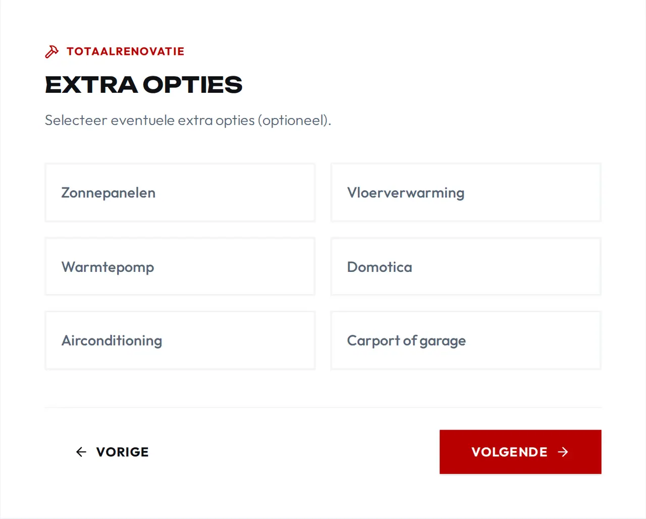 De stap met extra opties in de kostenwizard van SN Group: zonnepanelen, vloerverwarming, warmtepomp, domotica, airconditioning en carport