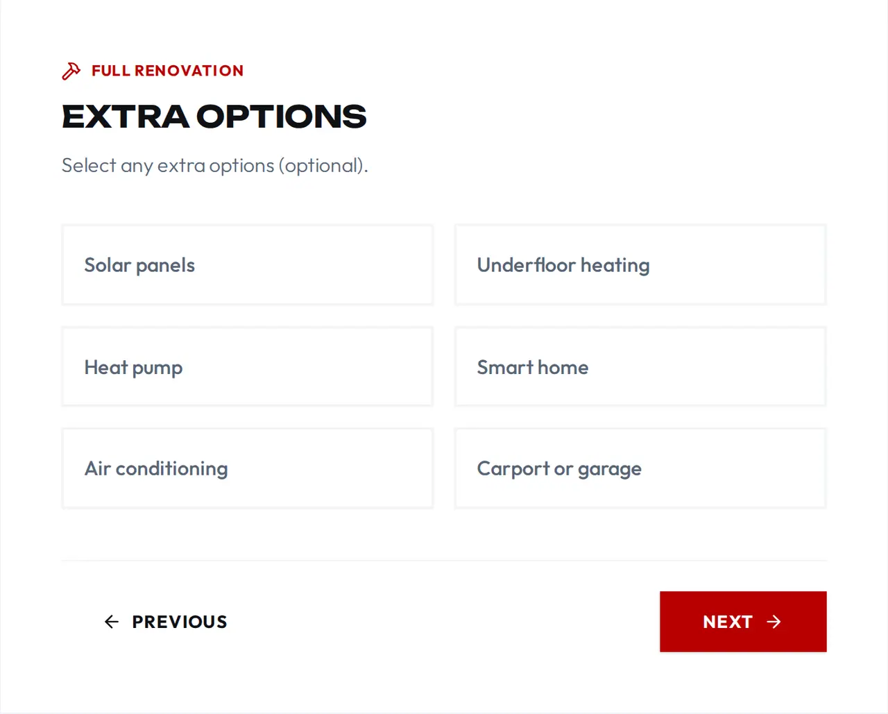 The extra options step of the SN Group cost calculator: solar panels, underfloor heating, heat pump, smart home, air conditioning and carport