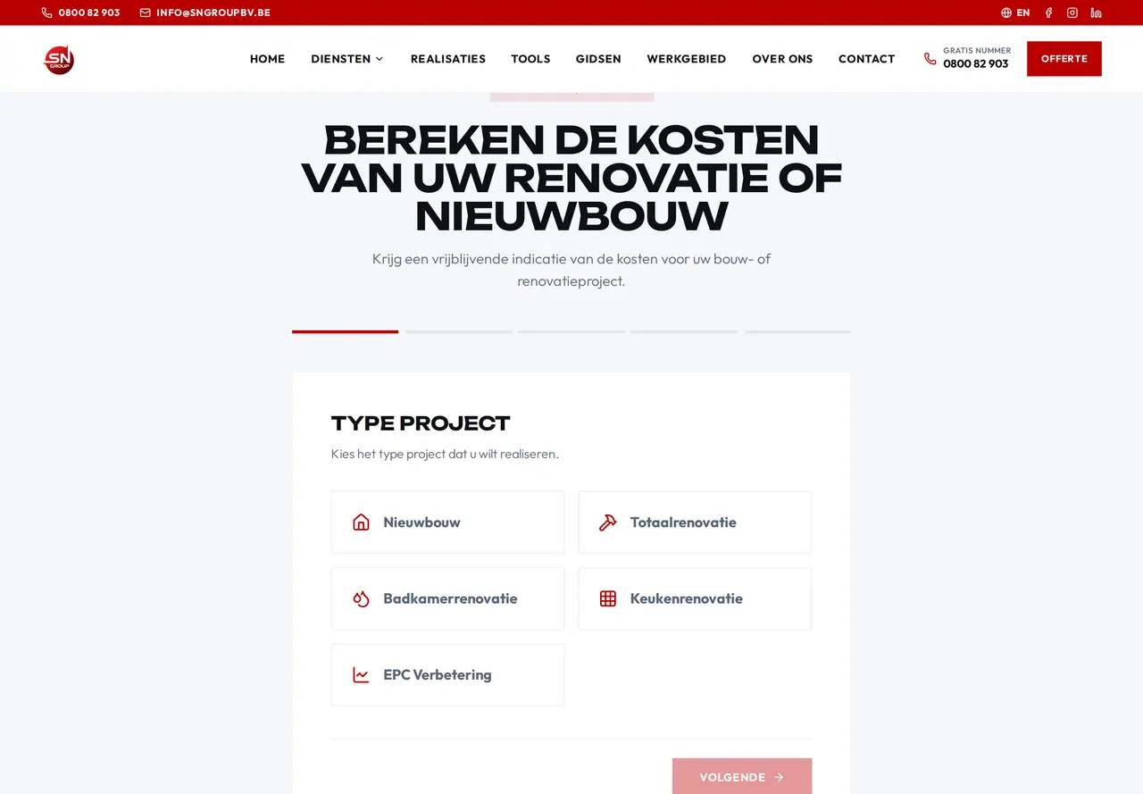 Configurator laten maken: de eerste stap van de kostenwizard van SN Group, waar een bezoeker het type project kiest