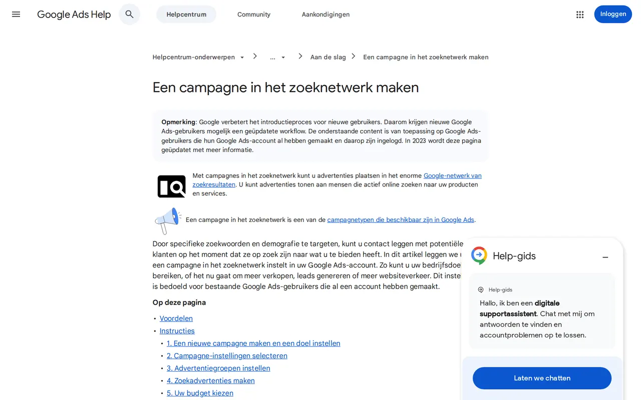 Google Ads campagne opzetten: de helppagina van Google over een campagne in het zoeknetwerk maken, met de stappen van doel tot budget