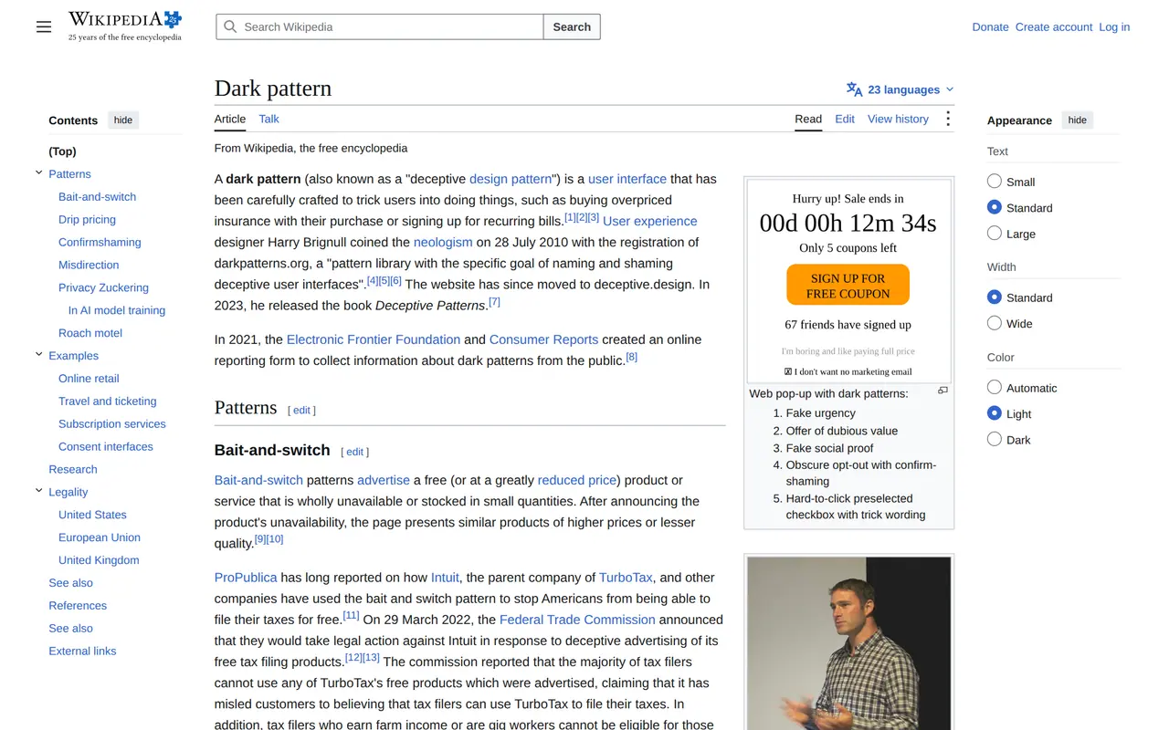 What are dark patterns: the Wikipedia article on dark patterns with a fake countdown pop-up as its example