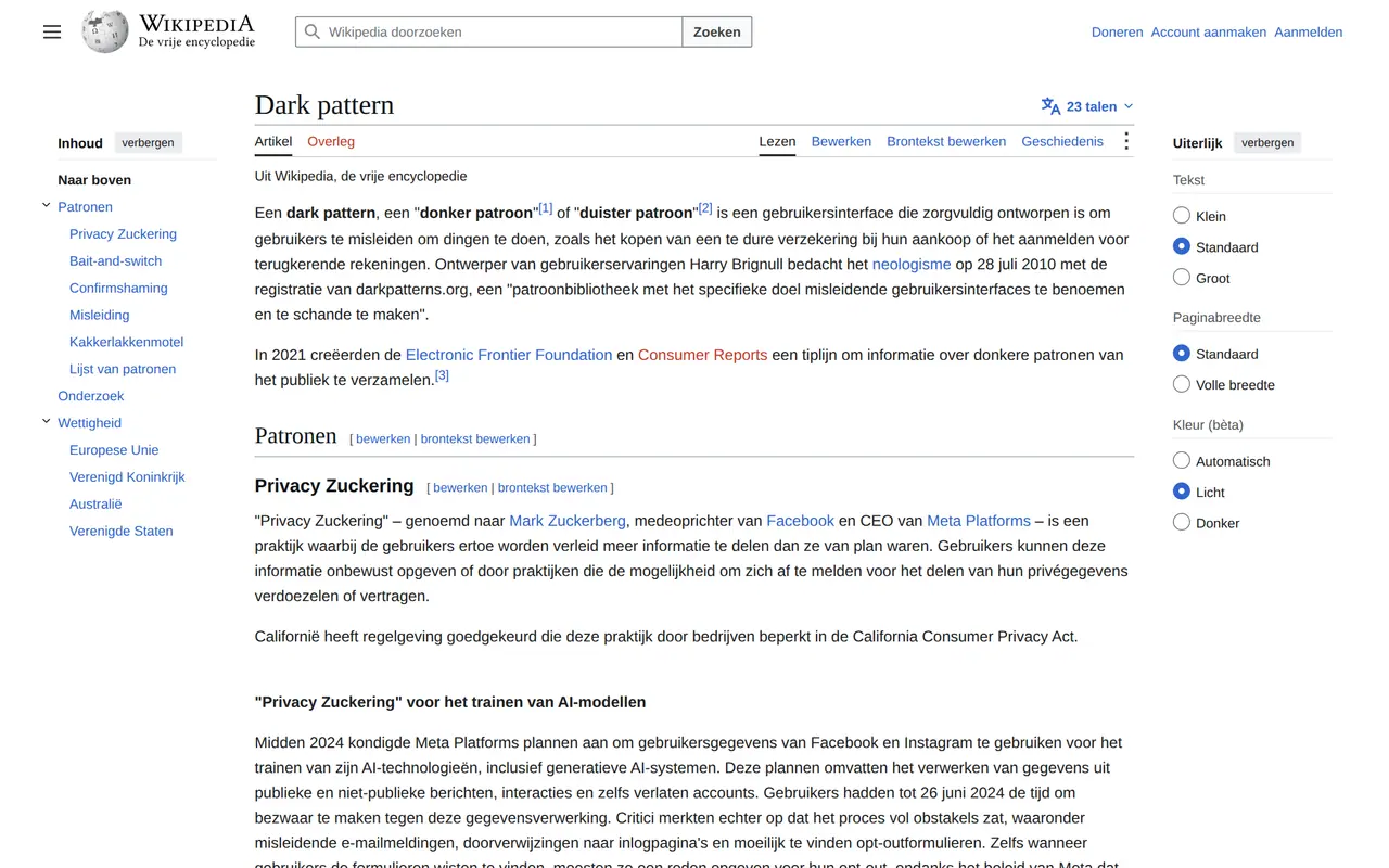 Dark patterns voorbeeld: het Nederlandstalige Wikipedia-artikel over dark patterns, met patronen als bait-and-switch en confirmshaming