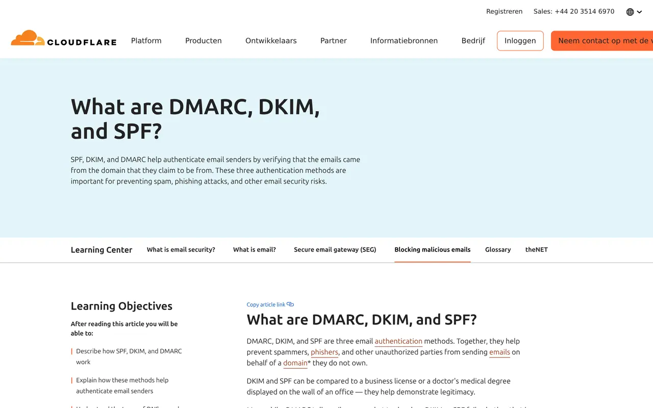 SPF, DKIM en DMARC uitgelegd: een uitlegpagina van Cloudflare over de drie records die e-mail van een domein echt maken
