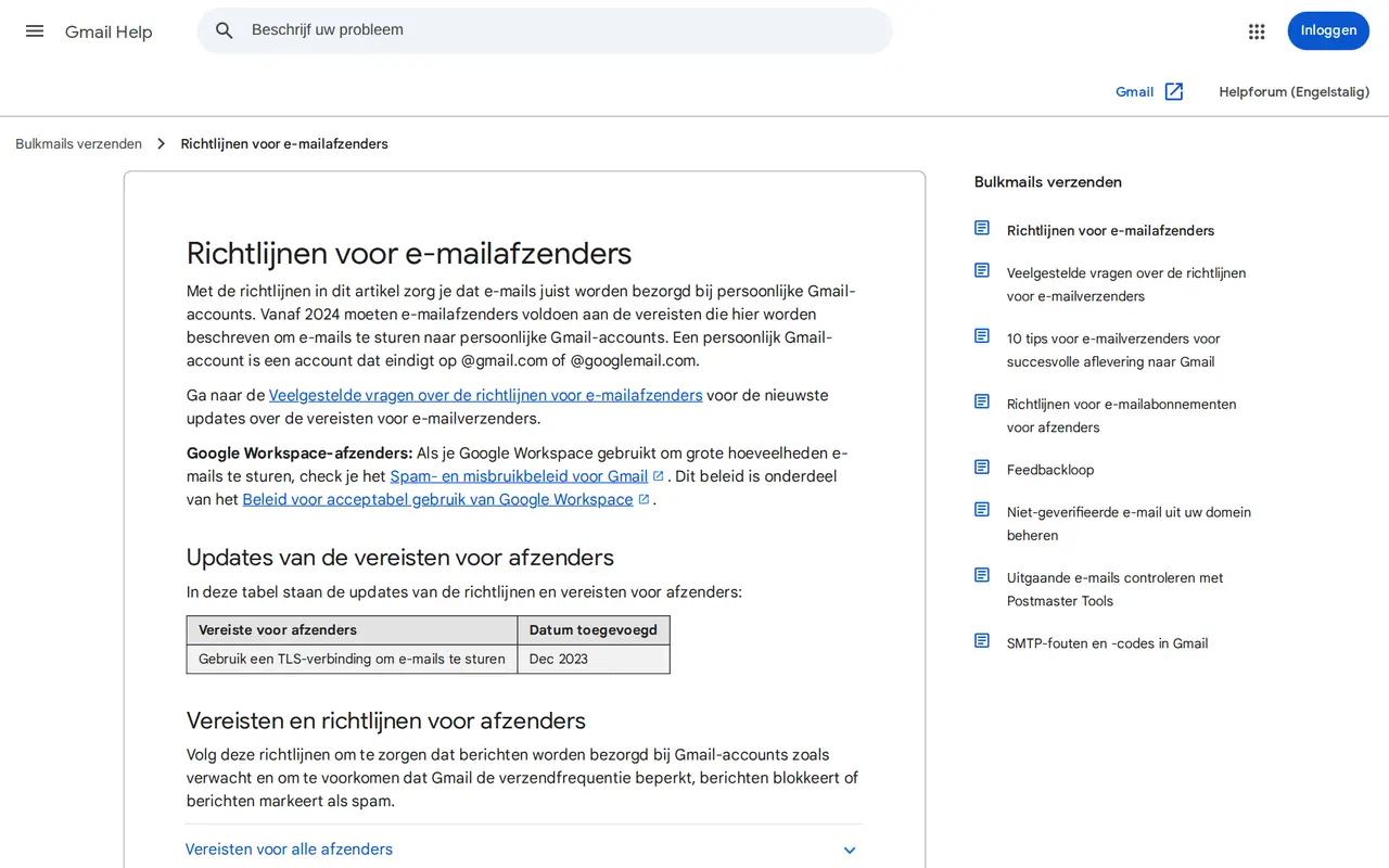 Waarom komt mijn mail in spam: de Nederlandstalige pagina van Google met de richtlijnen voor e-mailafzenders, die sinds 2024 SPF, DKIM en DMARC vragen